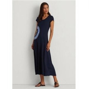 Ralph Lauren Logo Navy Blue Jersey Maxi Dress L